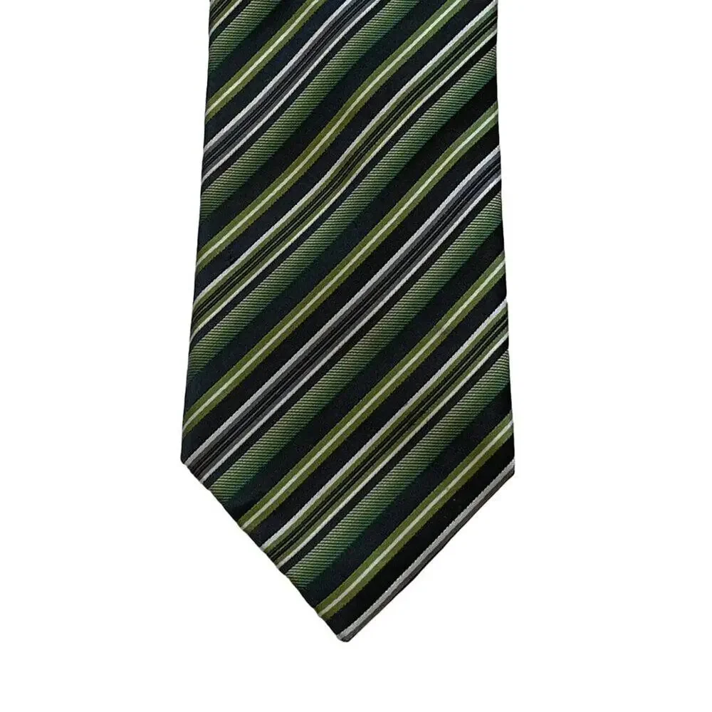 Geoffrey Beene Green Gray Stripe Silk Tie, Minimalist, Preppy, Classic 57